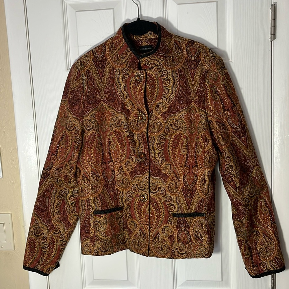 Field Manor VTG tapestry jacket kaspar brown red paisley jewel button pockets LG